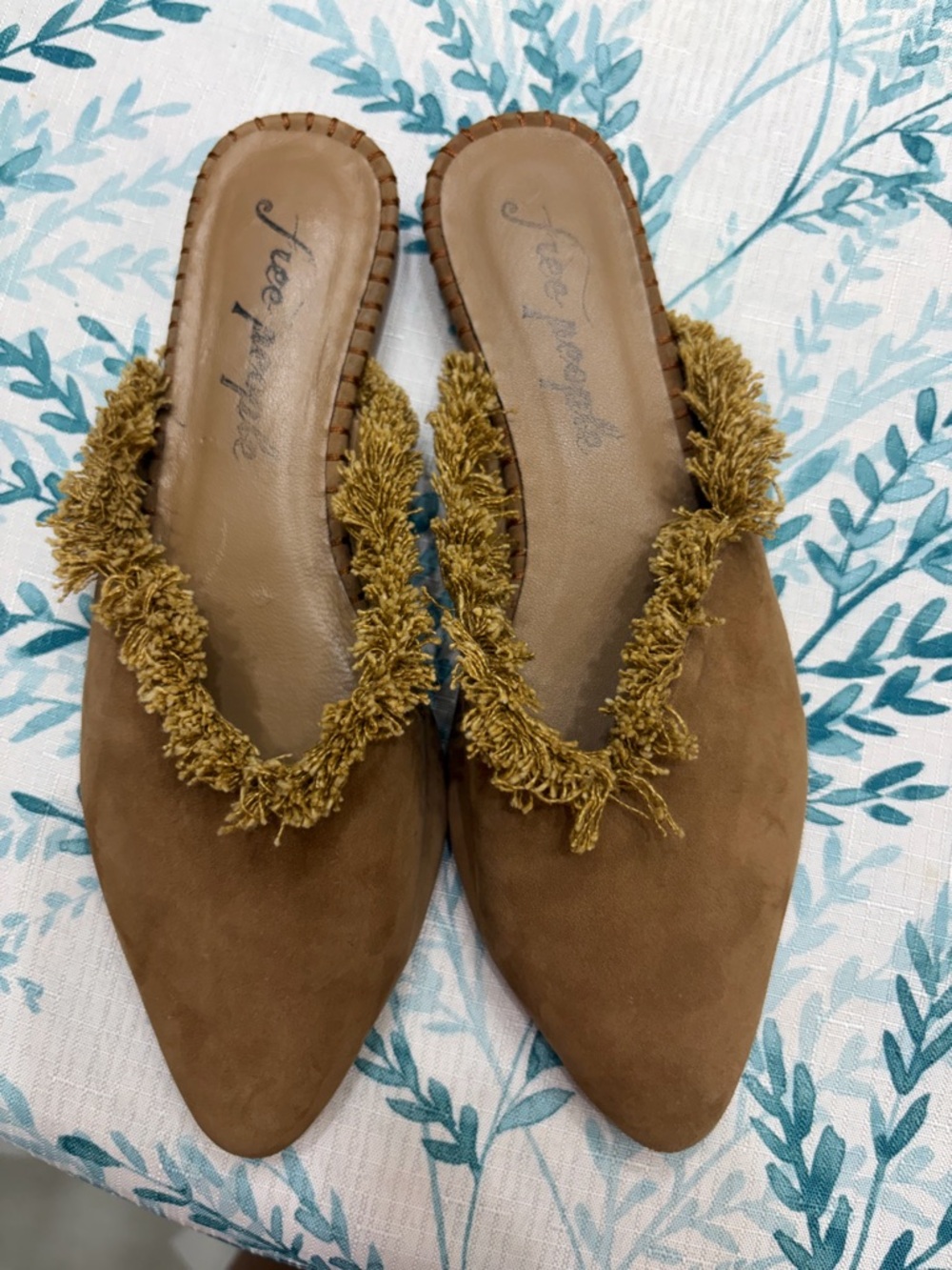 Free People Brown Suede Pointed Mules with Gold Fringe Trim